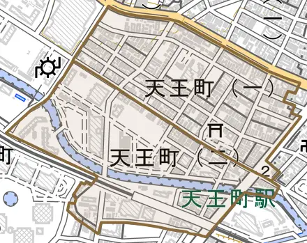 天王町とその周辺の地図。町の範囲を重ねている