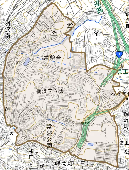 常盤台とその周辺の地図。町の範囲を重ねている