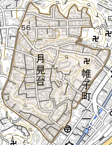 月見台とその周辺の地図。町の範囲を重ねている