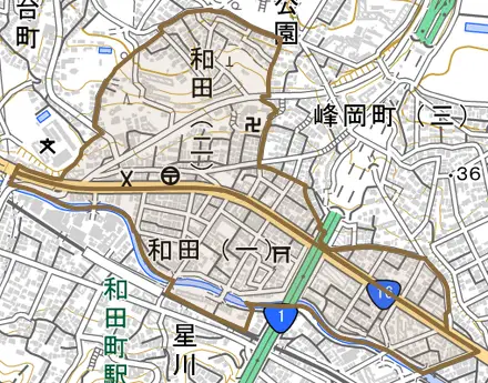 和田とその周辺の地図。町の範囲を重ねている