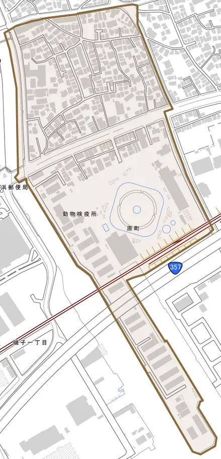 原町とその周辺の地図。町の範囲を重ねている