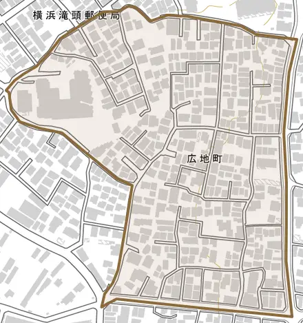 広地町とその周辺の地図。町の範囲を重ねている