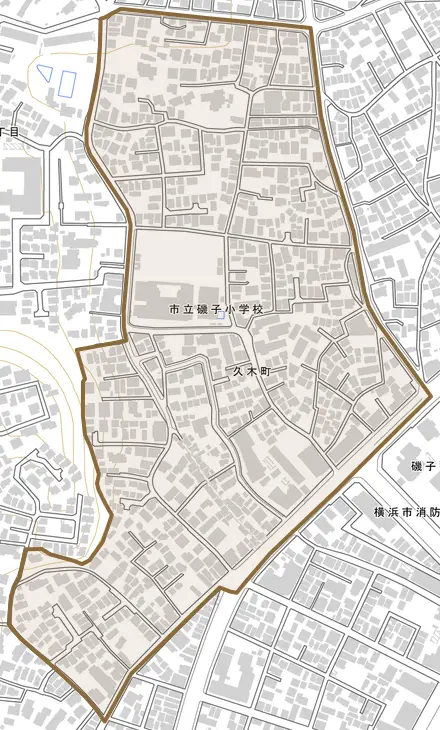 久木町とその周辺の地図。町の範囲を重ねている