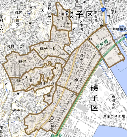 磯子とその周辺の地図。町の範囲を重ねている