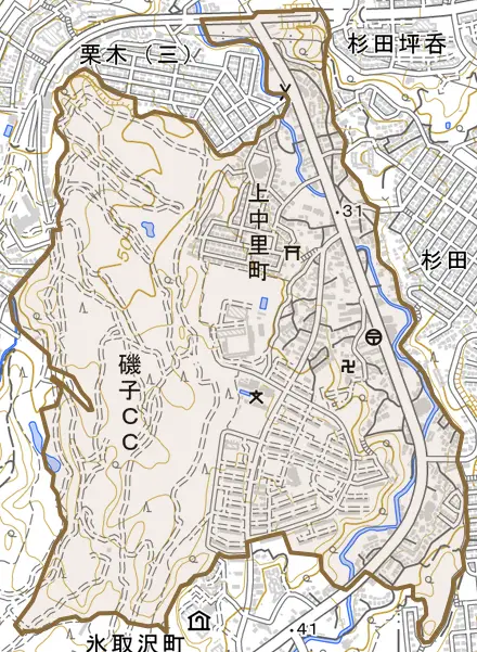 上中里町とその周辺の地図。町の範囲を重ねている