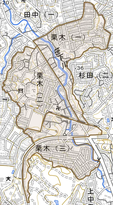 栗木とその周辺の地図。町の範囲を重ねている