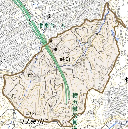 峰町とその周辺の地図。町の範囲を重ねている