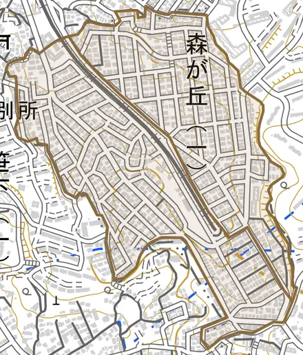 森が丘とその周辺の地図。町の範囲を重ねている