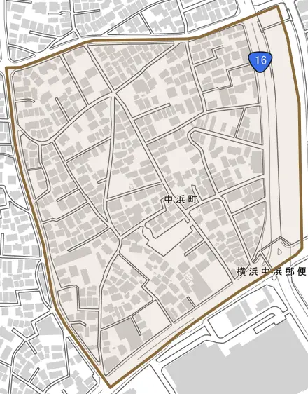 中浜町とその周辺の地図。町の範囲を重ねている
