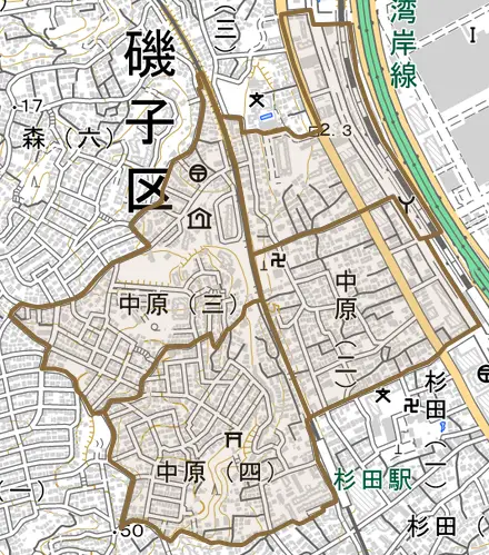 中原とその周辺の地図。町の範囲を重ねている