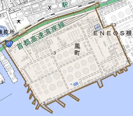 鳳町とその周辺の地図。町の範囲を重ねている