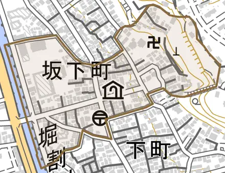 坂下町とその周辺の地図。町の範囲を重ねている