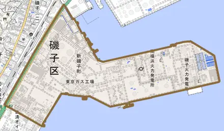 新磯子町とその周辺の地図。町の範囲を重ねている