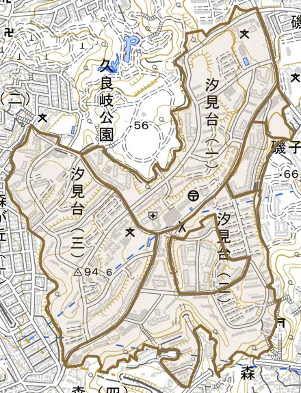 汐見台とその周辺の地図。町の範囲を重ねている