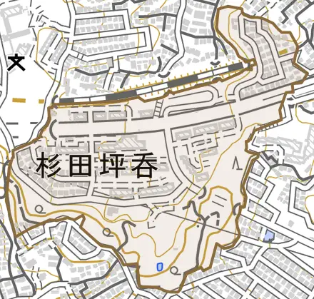 杉田坪呑とその周辺の地図。町の範囲を重ねている
