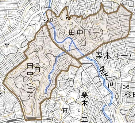 田中とその周辺の地図。町の範囲を重ねている