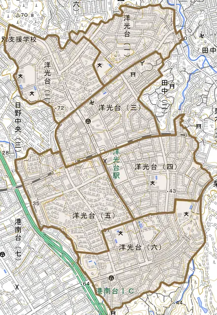 洋光台とその周辺の地図。町の範囲を重ねている