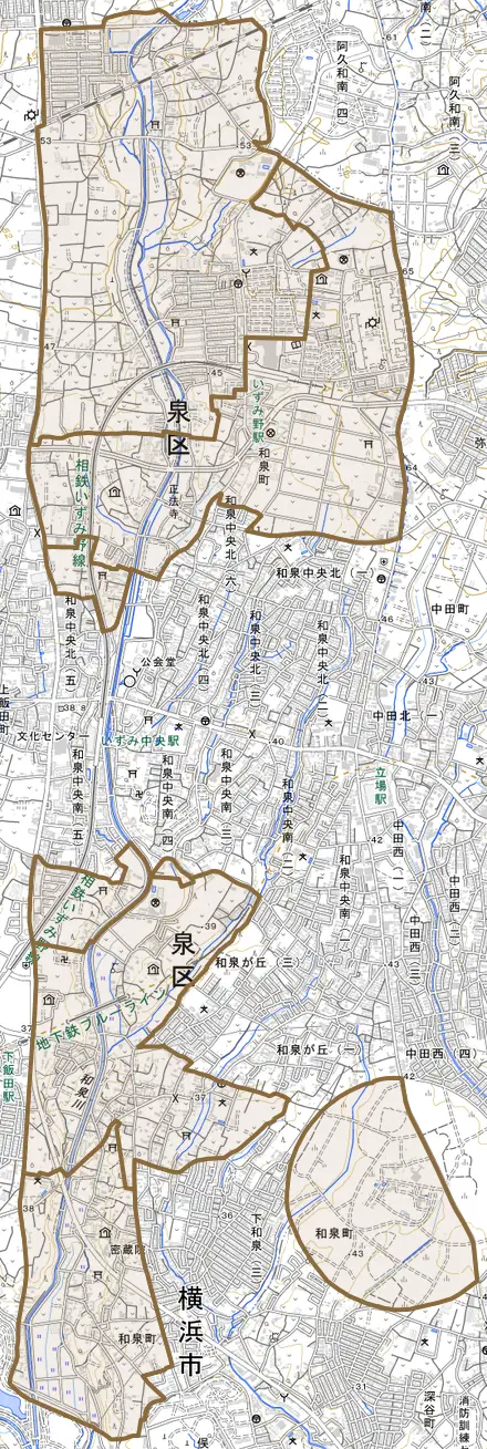和泉町とその周辺の地図。町の範囲を重ねている