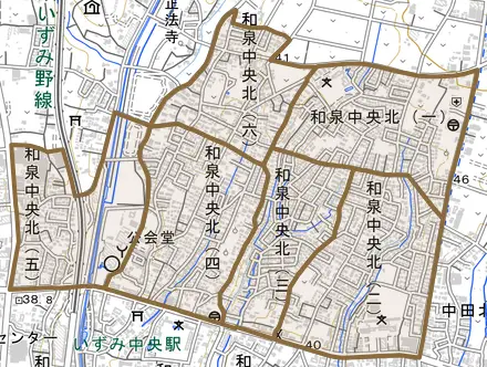 和泉中央北とその周辺の地図。町の範囲を重ねている