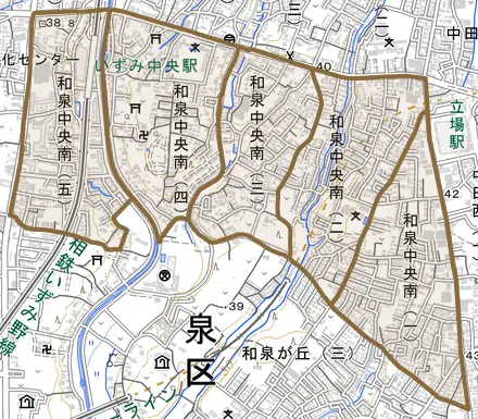 和泉中央南とその周辺の地図。町の範囲を重ねている