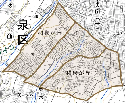 和泉が丘とその周辺の地図。町の範囲を重ねている