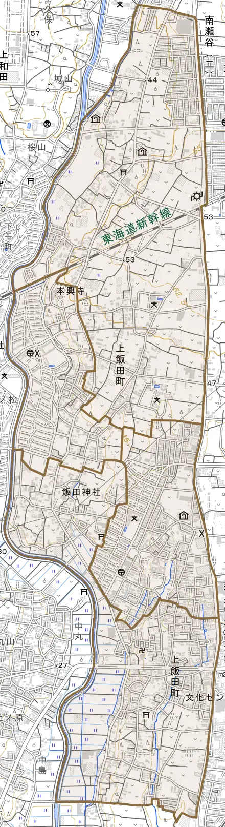 上飯田町とその周辺の地図。町の範囲を重ねている