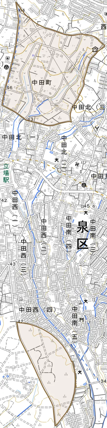 中田町とその周辺の地図。町の範囲を重ねている