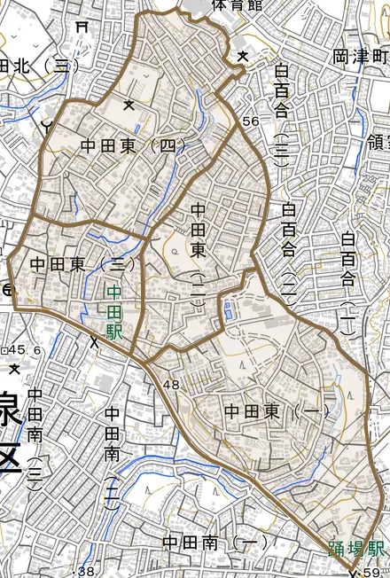 中田東とその周辺の地図。町の範囲を重ねている
