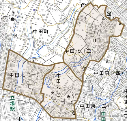 中田北とその周辺の地図。町の範囲を重ねている