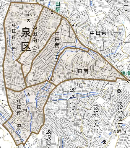 中田南とその周辺の地図。町の範囲を重ねている