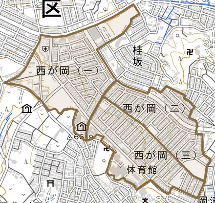 西が岡とその周辺の地図。町の範囲を重ねている