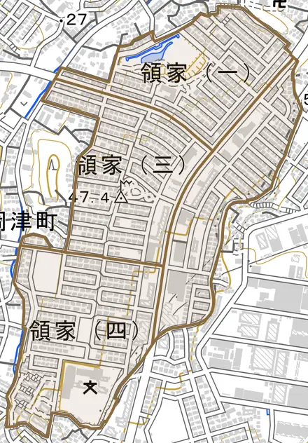 領家とその周辺の地図。町の範囲を重ねている