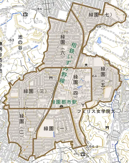 緑園とその周辺の地図。町の範囲を重ねている