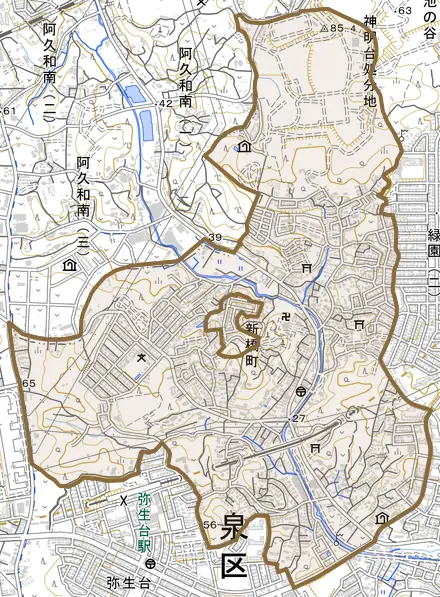 新橋町とその周辺の地図。町の範囲を重ねている