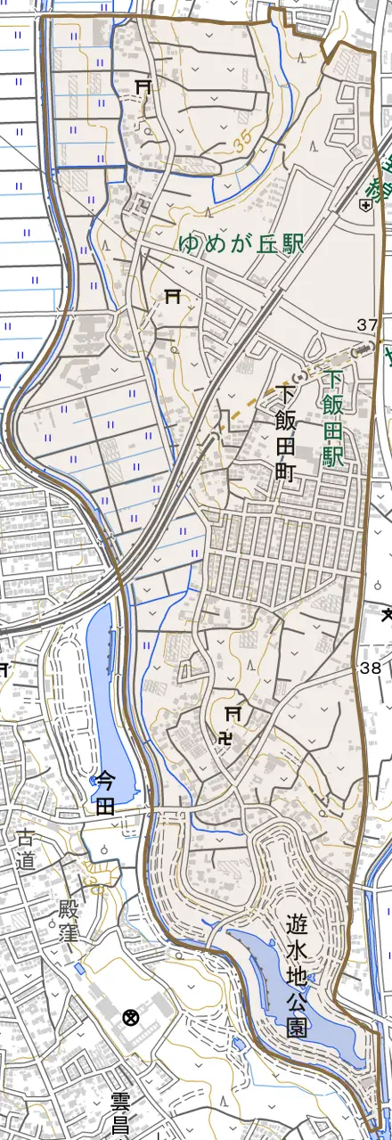 下飯田町とその周辺の地図。町の範囲を重ねている