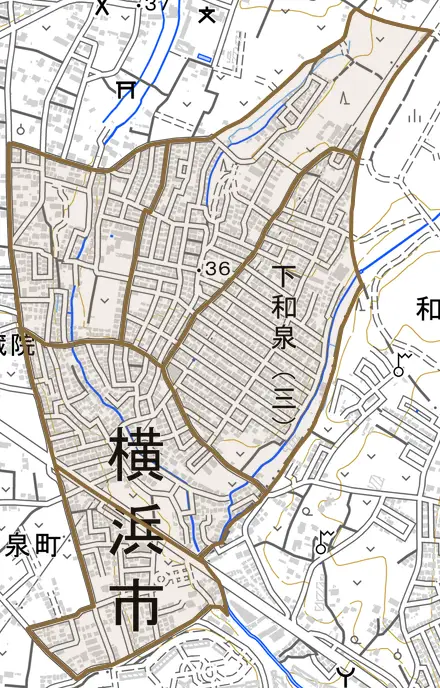 下和泉とその周辺の地図。町の範囲を重ねている