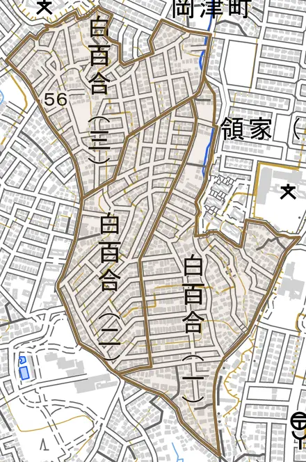 白百合とその周辺の地図。町の範囲を重ねている