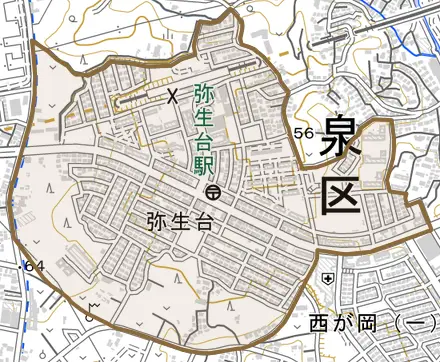弥生台とその周辺の地図。町の範囲を重ねている