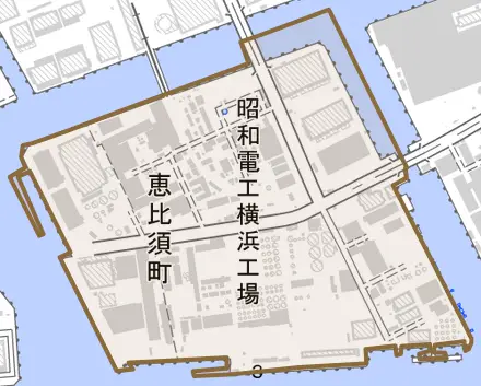 恵比須町とその周辺の地図。町の範囲を重ねている