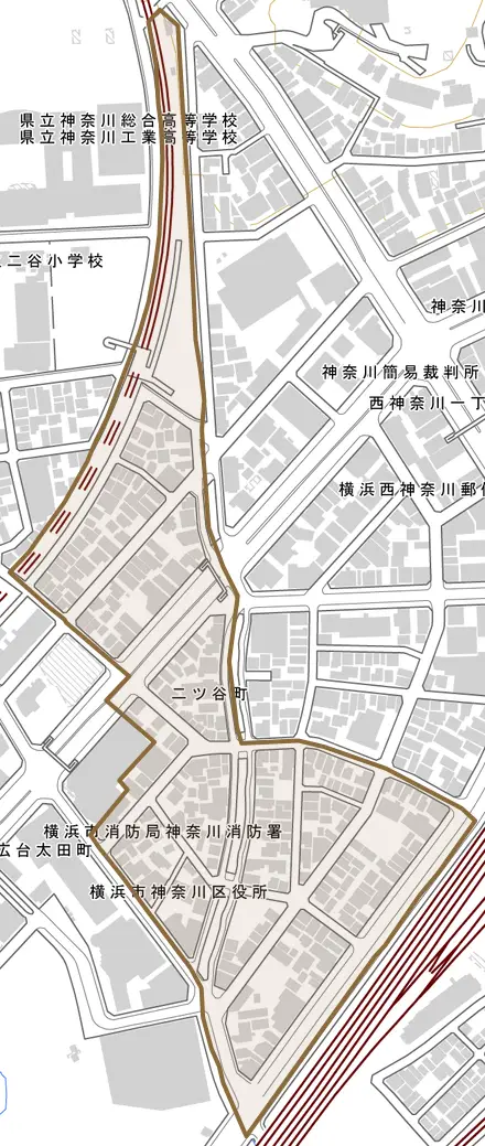 二ツ谷町とその周辺の地図。町の範囲を重ねている