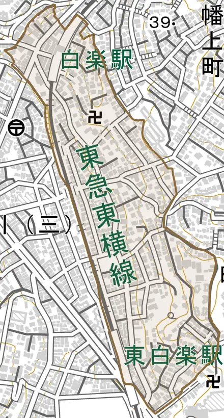 白楽とその周辺の地図。町の範囲を重ねている