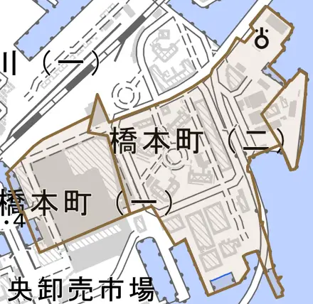 橋本町とその周辺の地図。町の範囲を重ねている