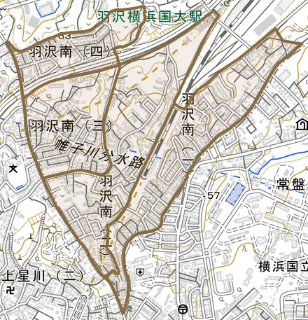 羽沢南とその周辺の地図。町の範囲を重ねている