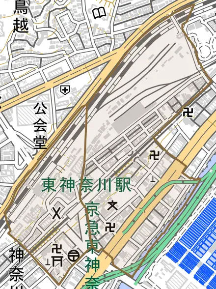 東神奈川とその周辺の地図。町の範囲を重ねている