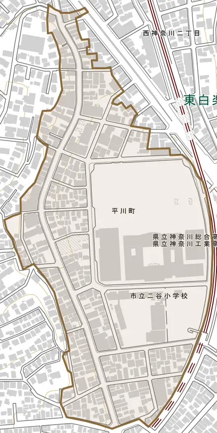 平川町とその周辺の地図。町の範囲を重ねている
