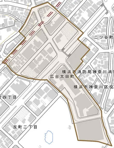広台太田町とその周辺の地図。町の範囲を重ねている