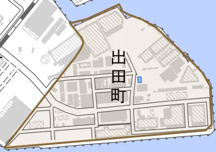 出田町とその周辺の地図。町の範囲を重ねている
