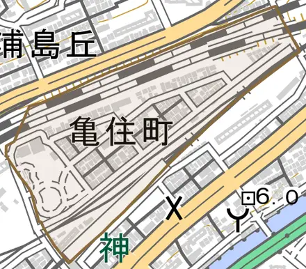 亀住町とその周辺の地図。町の範囲を重ねている