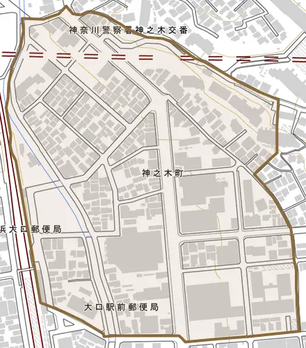 神之木町とその周辺の地図。町の範囲を重ねている