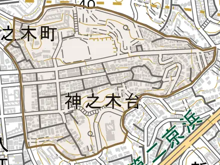 神之木台とその周辺の地図。町の範囲を重ねている